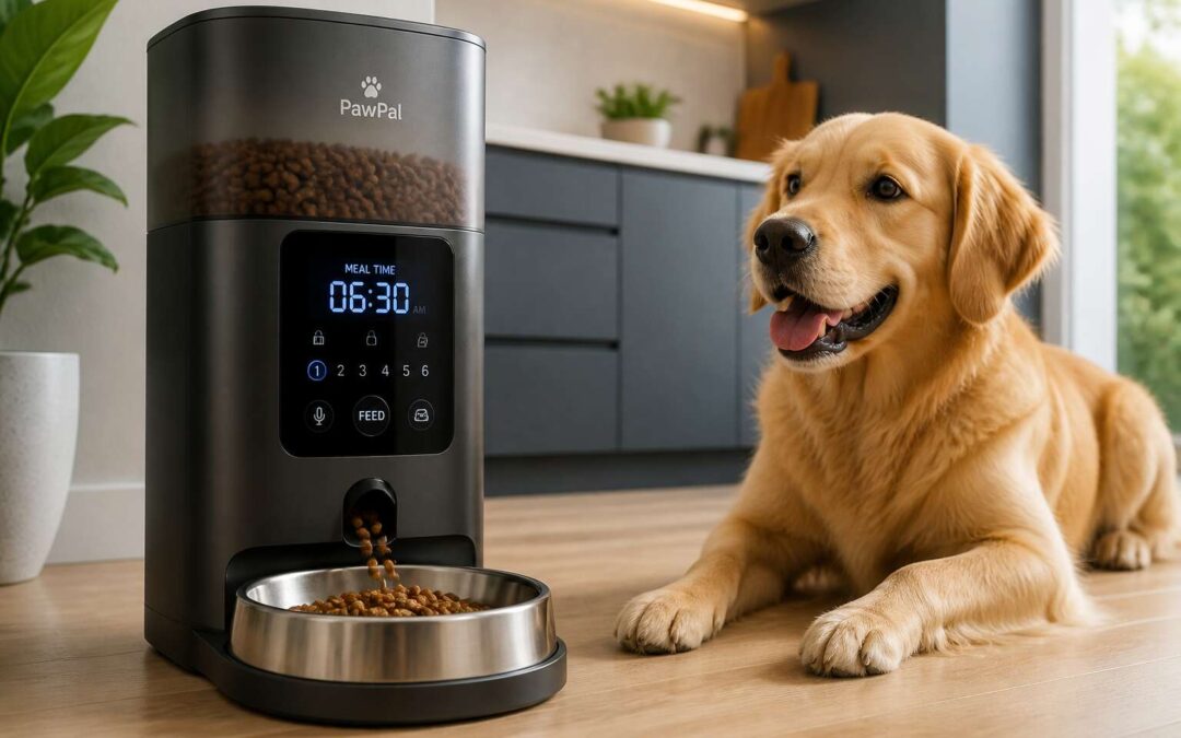 Dog food dispenser with timer keeps your pet fed on schedule.